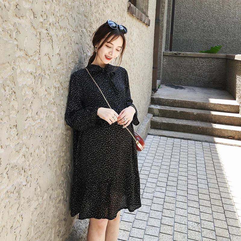 Moms Black Print Dot Chiffon Maternity Clothes for Pregnant Women Lactation Dress Knee-Length Breastfeeding Dresses Spring | Мать и