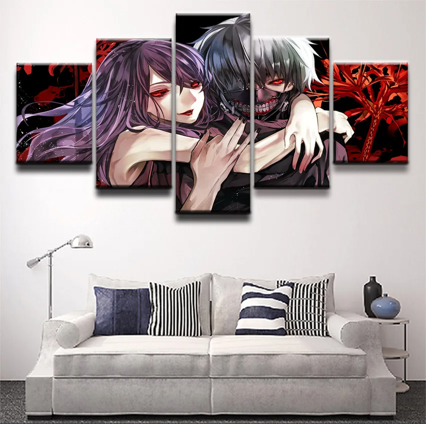 Picture Prints Home Decor Canvas Anime Tokyo Ghoul Poster 5 Pieces Ken Kaneki Rize Kamishiro Paintings Wall Art Framework | Дом и сад