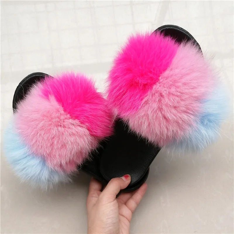 Women Fox Fur Slippers Real Fox Fur Slides Lovely Plush Slippers Woman Summer Home Sandals Women Fur Slides Furry Flip Flops Hot