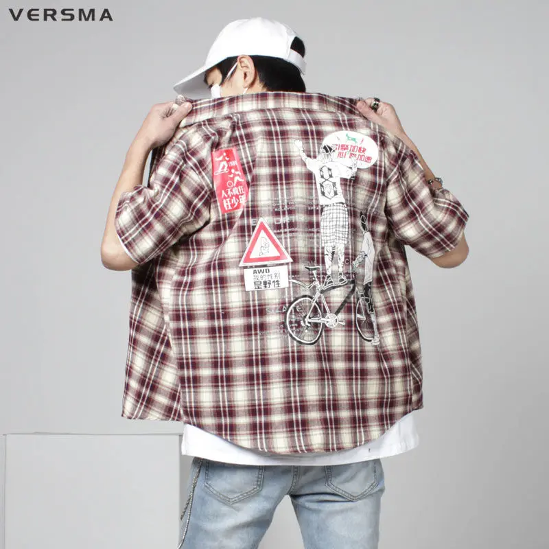 VERSMA Korean Harajuku Ulzzang Graffiti Printed Plaid Shirts Men Hip Hop Streetwear Vintage BF Oversized Short Sleeve Shirt Male | Мужская
