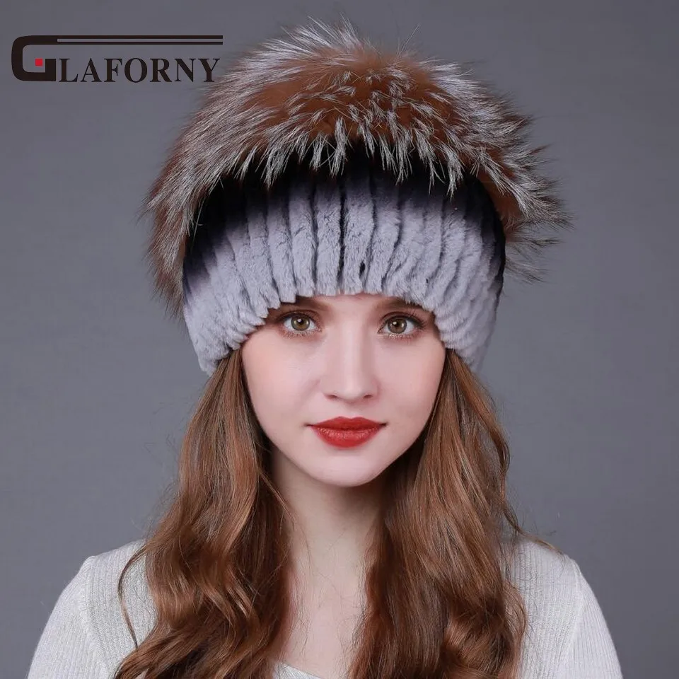 Женские зимние меховые шапки Glaforny теплые из меха кролика рекс с помпонами енота
