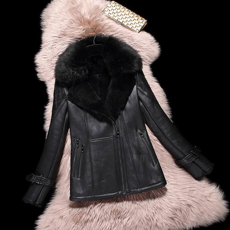 Winter Sheep genuine leather fur jacket Women black sexy slim Fox feather collar short feminino natural mouton lamb coats | Женская