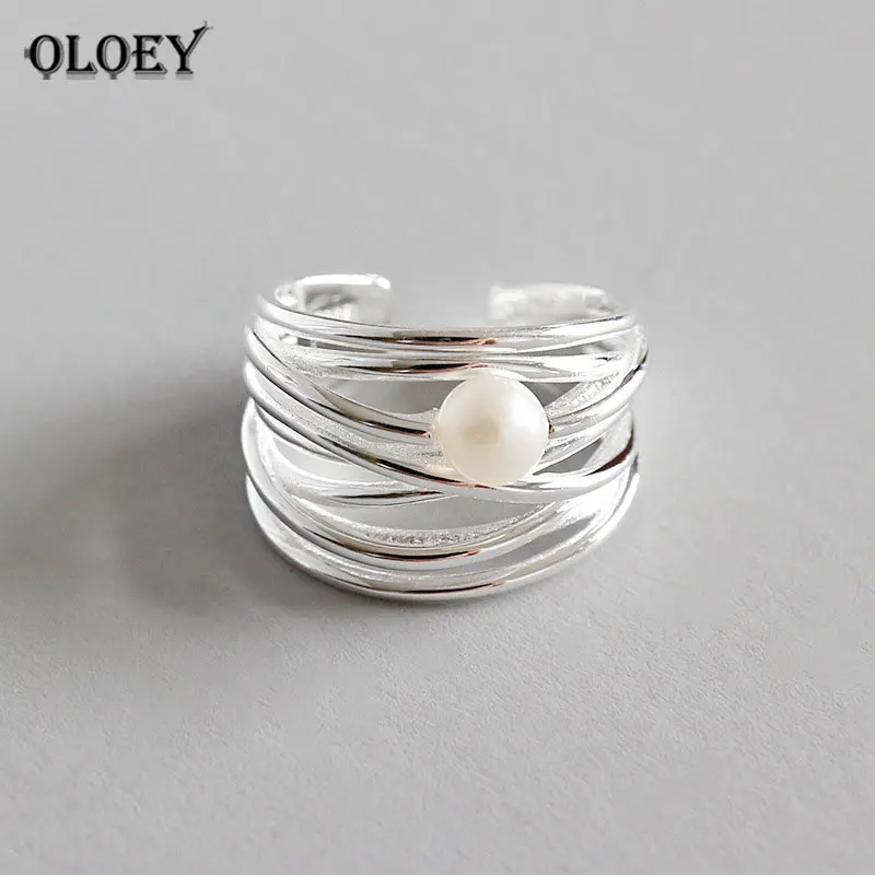 OLOEY, настоящее 925 пробы, Серебряное регулируемое кольцо, для женщин, индивидуальность, нерегулярные, многослойные кольца с натуральным пресноводным жемчугом, YMR593