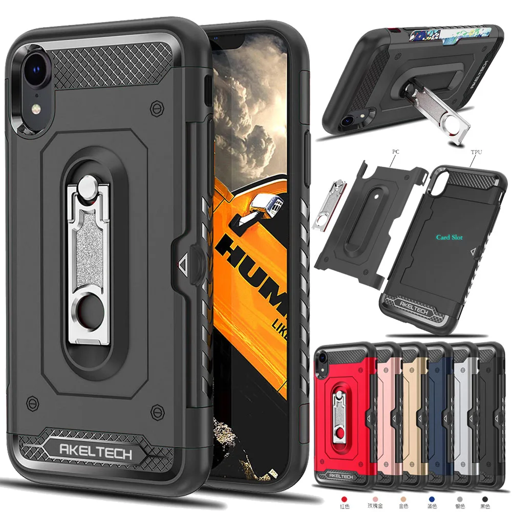 For iPhone XR Case 2in1 Soft TPU &amp Hard Back Armor With Metal Kickstand Card Holder Anti Shock Cover Apple |