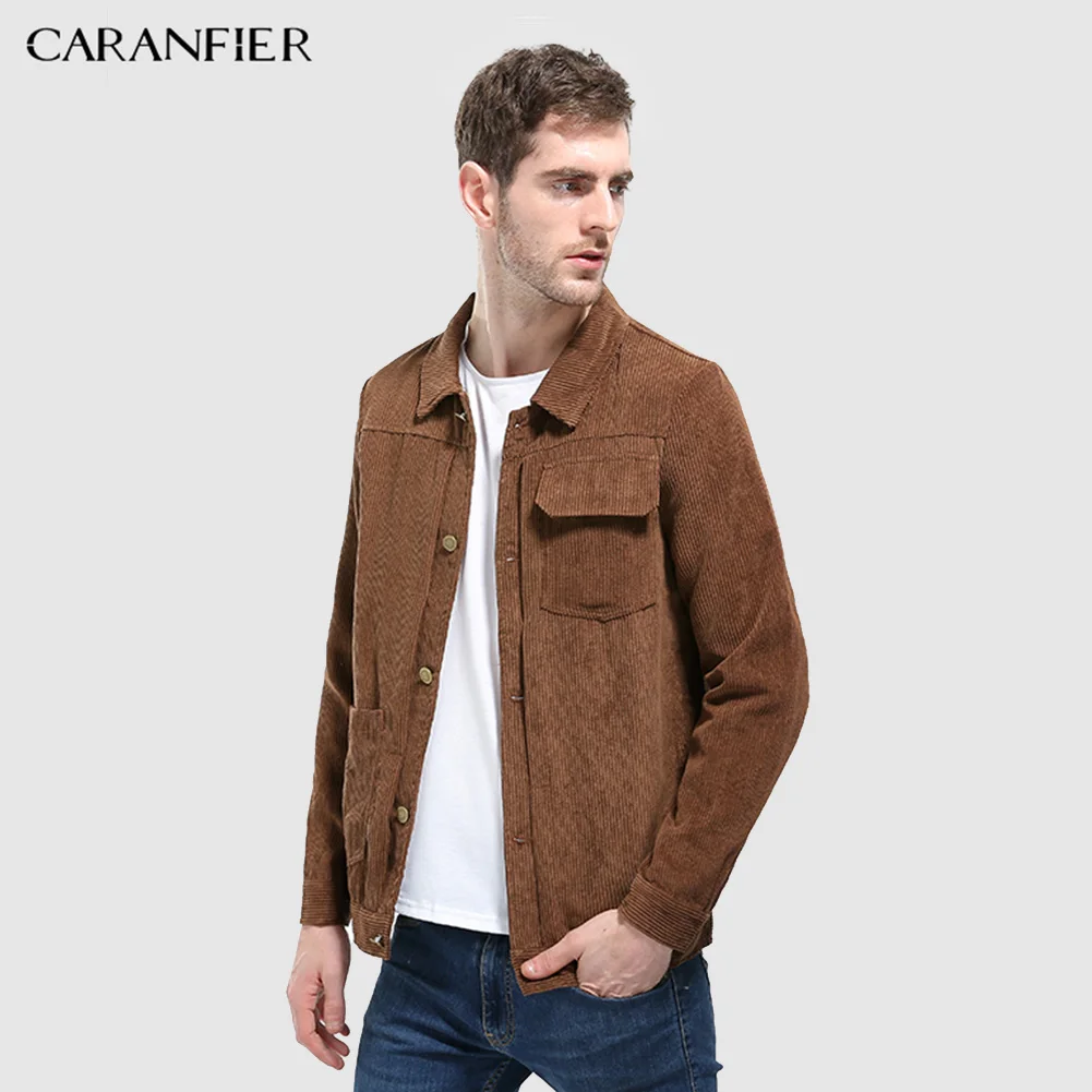 

CARANFIER Mens Jackets Fashion All-Match Solid Pockets Stripe Outerwear Autumn Loose Corduroy Style Men Jacket Causal Male Coats