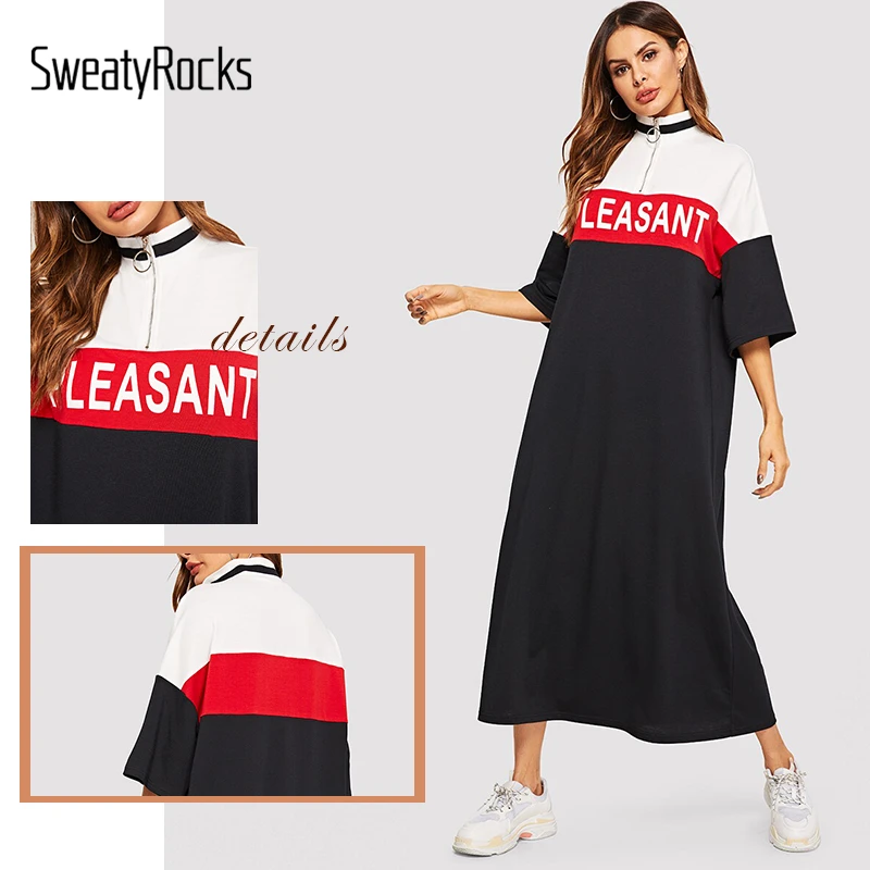 SweatyRocks, с буквенным принтом, цвет-блок, половинное платье с разрезом для женщин, лето, со стоячим воротником, платья для отдыха, Свободное длинное платье