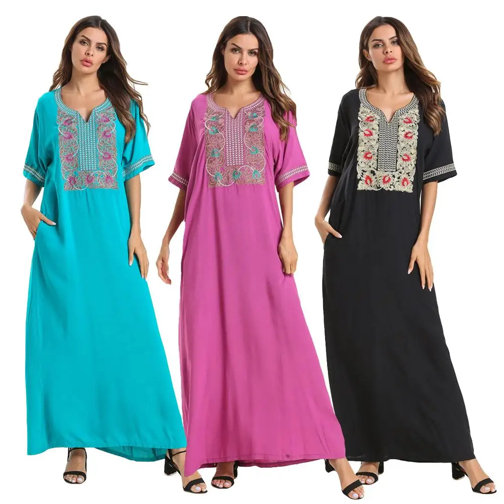 Этнический кафтан вышивка короткий рукав Abaya женское платье для мусульманской