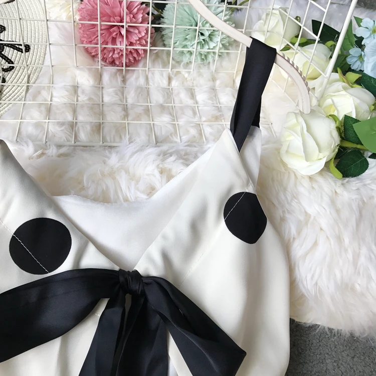 ALPHALMODA Лето корейский стиль до середины икры праздничное платье в горошек женское французское ретро с высокой талией без спинки пляжное платье