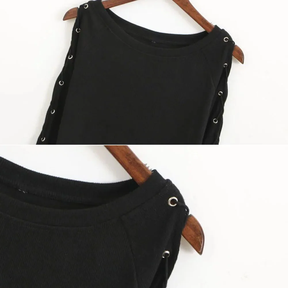 Женская мода Loose Lace up с длинным рукавом Crop Tops Повседневная Блузка трикотаж| |