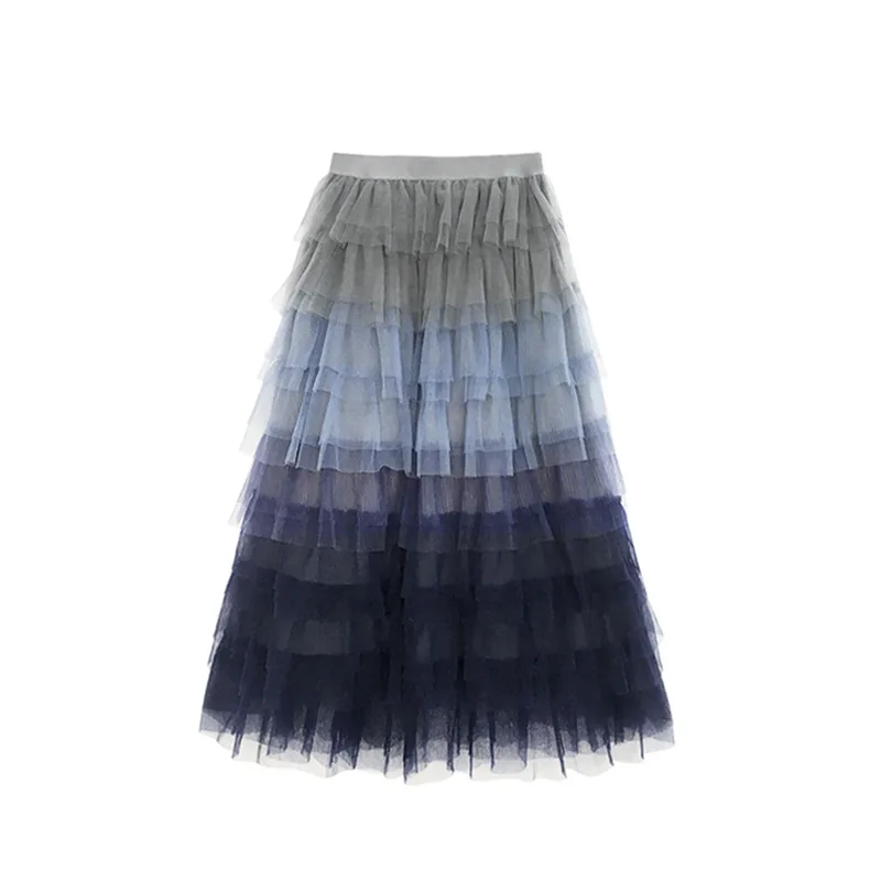 gradient navy SETWIGG супер модные градиентные Синие Многослойные сетчатые трапециевидные длинные весенние юбки с поясом Милая пышная многослойная фатиновая летняя юбка до середины икры - Цвет: gradient navy