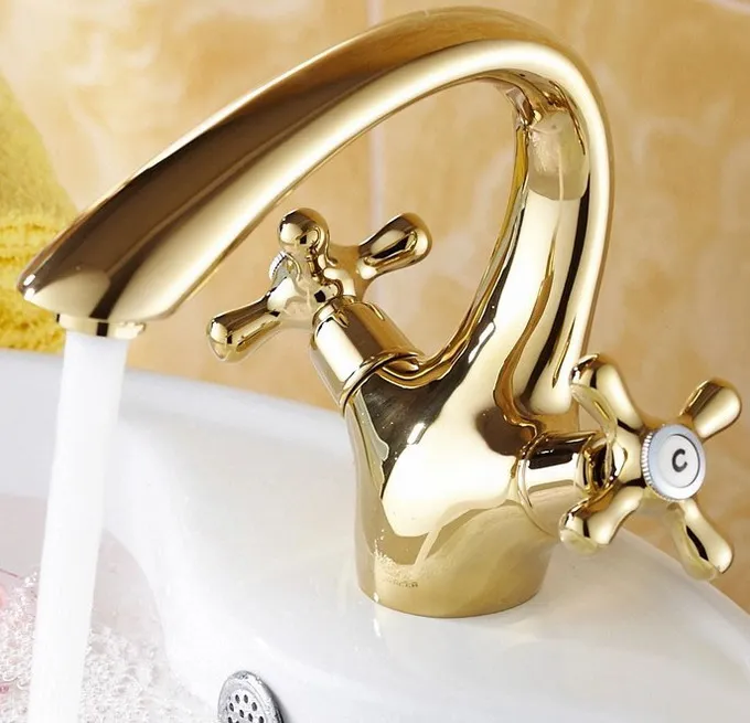 

Luxury Gold Color Polished Chrome Brass Dual Cross Handles Bathroom Vessel Sink Basin Faucet Mixer Taps anf117