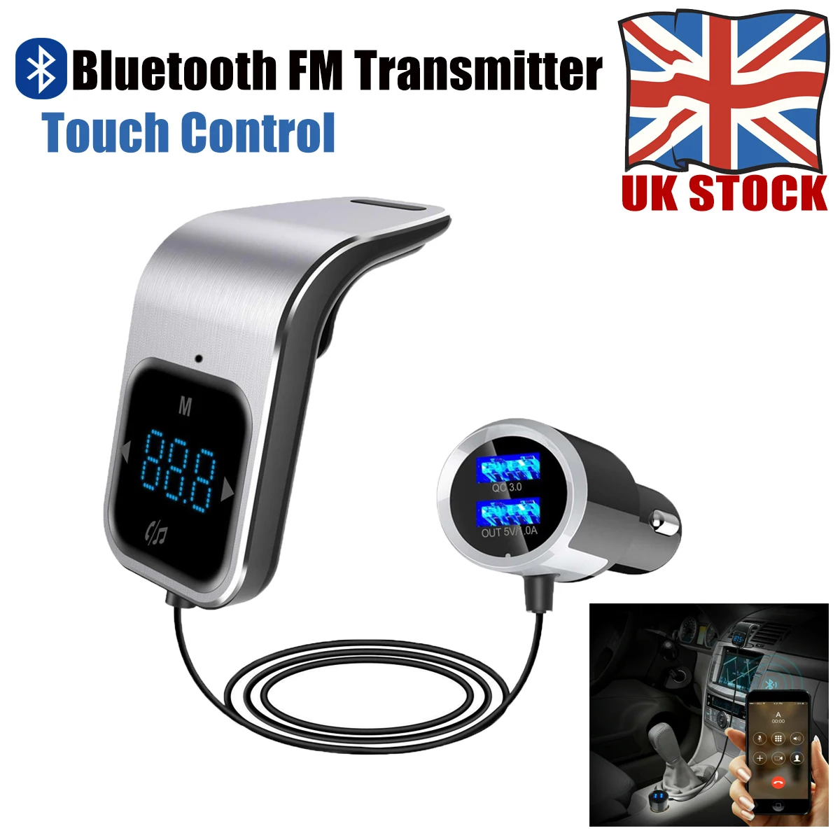 

FM-трансмиттер с сенсорным экраном, Bluetooth, 2 USB-порта