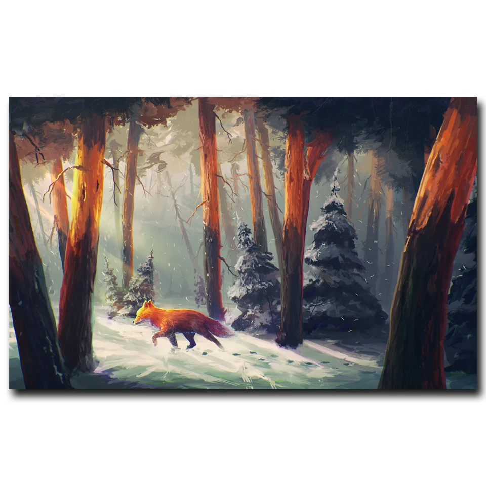 Природа Снежный лес сильар Солнечный свет Лиса животные постеры и принты