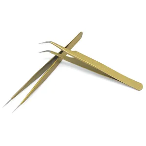 2 шт.лот изогнутые и прямые пинцеты из нержавеющей стали для наращивания накладных ресниц, инструменты для макияжа, золотой пинцет