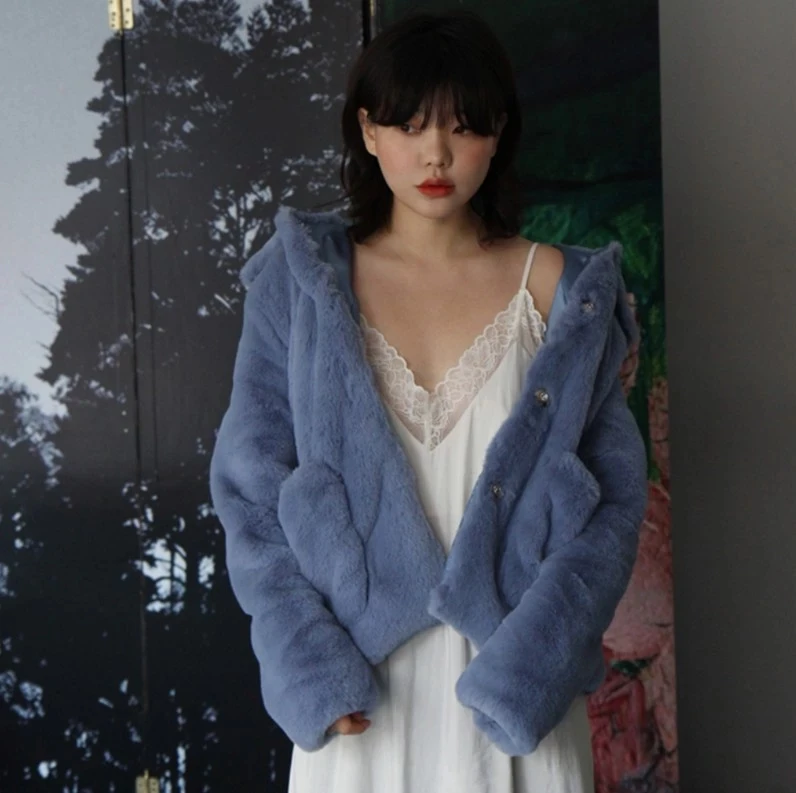 Оптовая продажа искусственного кролика рекс Меховая куртка лес синий Зимняя Для