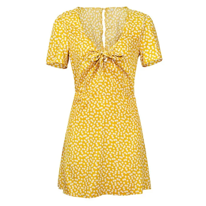 Цвет: желтый Sexy Summer Polka Dot Boho Dress Women V-Neck Short Sleeve Mini Dress Front Bow Beach Dress Robe - Цвет: Цвет: желтый