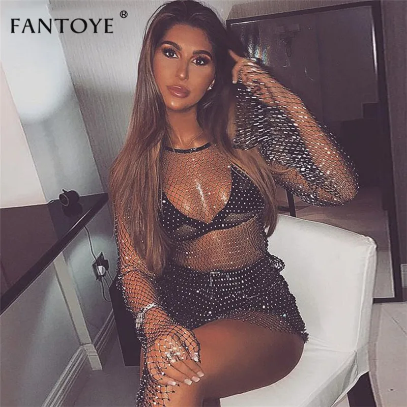 Женское мини платье Fantoye летнее Сетчатое пляжное с кристаллами и стразами