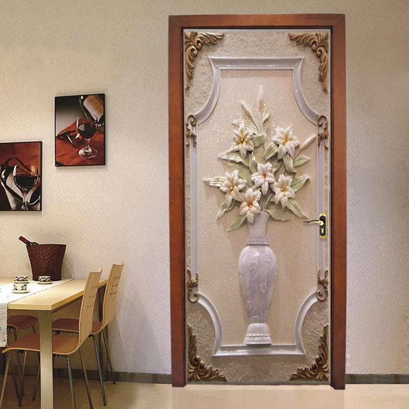 Самоклеящаяся Водонепроницаемая дверная настенная наклейка из ПВХ, 3D стерео ваза, цветы, обои, 3D дверная фреска, для гостиной, кабинета, домашнего декора, паста