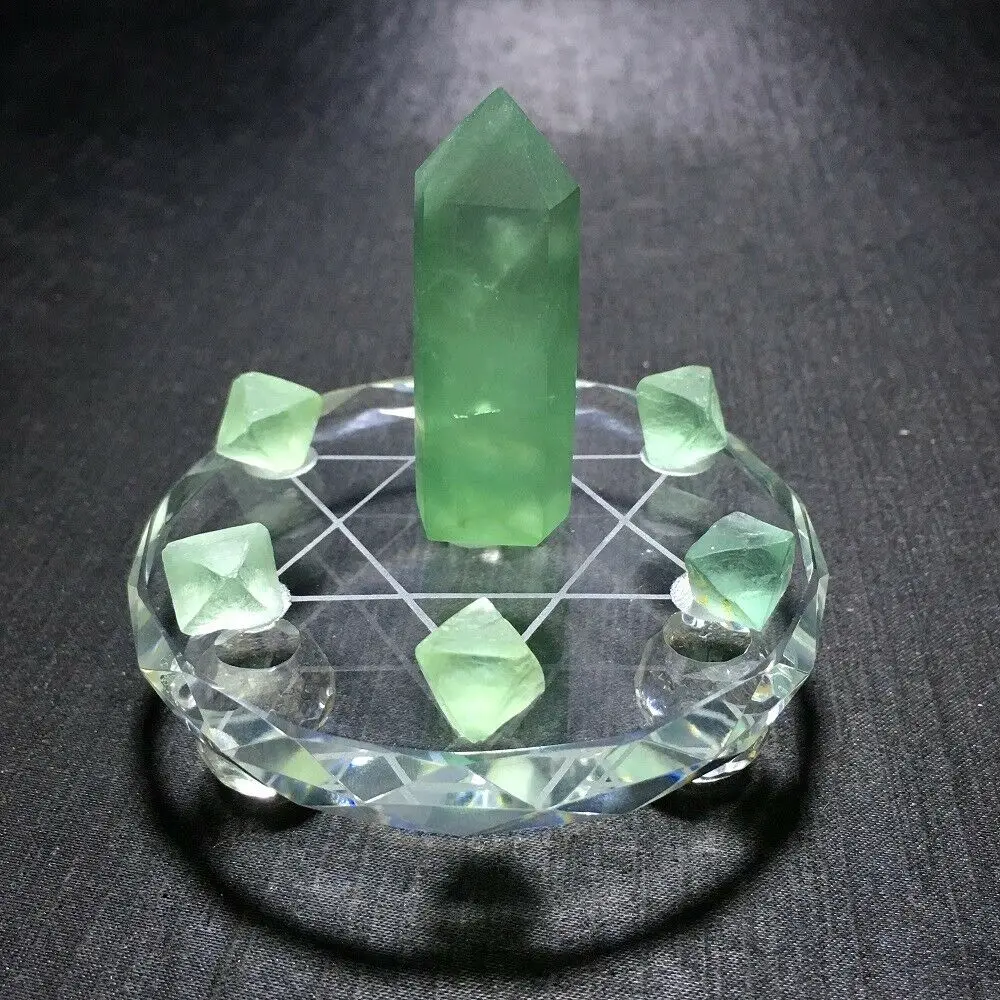 

8cm Natural crystal fluorite wand reiki stone with plate A set seven star array