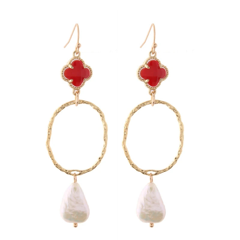 red clover pearl 6 NeeFuWoFu Orecchini NEW Geometric Genuine Pearl Drop Earrings for Women Handmade Gold Hollow Freshwater Pearl Pendant Dangle Ear - Окраска металла: red clover pearl 6