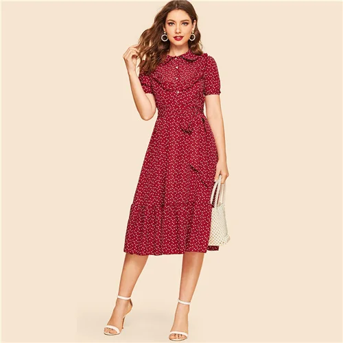Burgundy Sheinside Бордовое платье-рубашка с оборками и принтом в виде сердца, винтажное женское летнее платье, воротник Питер Пэн, женское платье - Цвет: Burgundy