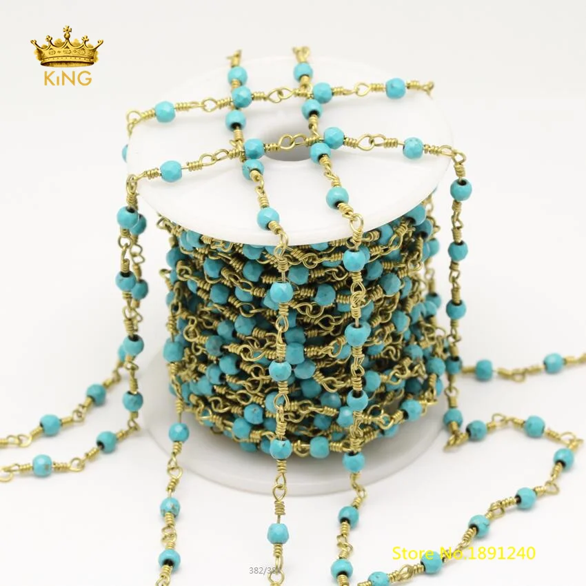 

5meters 4mm Blue Turquoise Howlite Faceted Round Loose Beads Chains Plated Brass Links Chains Making Chokers Findings Bulk ZJ163