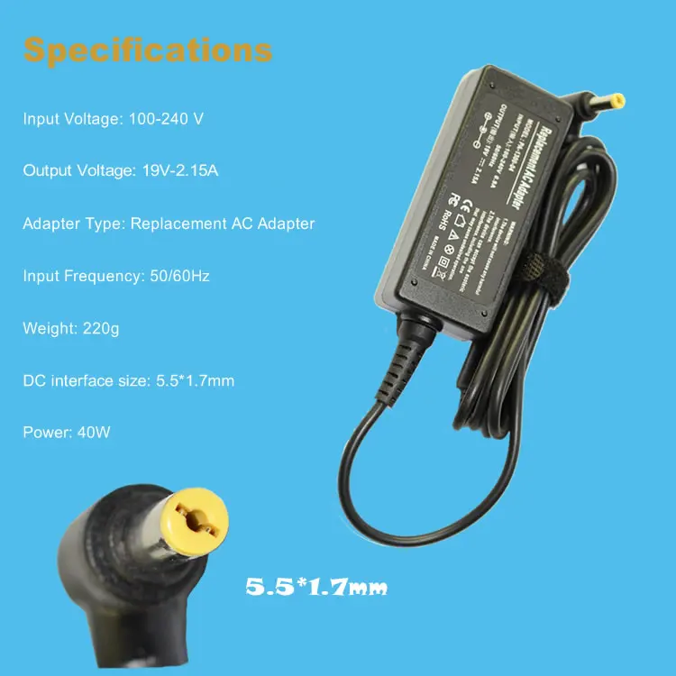 19V 2.15A 5 5*1 7 мм 40 Вт для ноутбука Acer Aspire One D255 D257 D271 ADP-40TH S5 Chromebook C710 AS1430-4857 NAV50 ноутбук