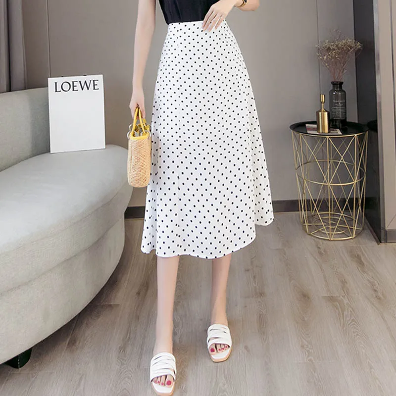 Летняя женская шифоновая юбка средней длины в горошек с высокой талией