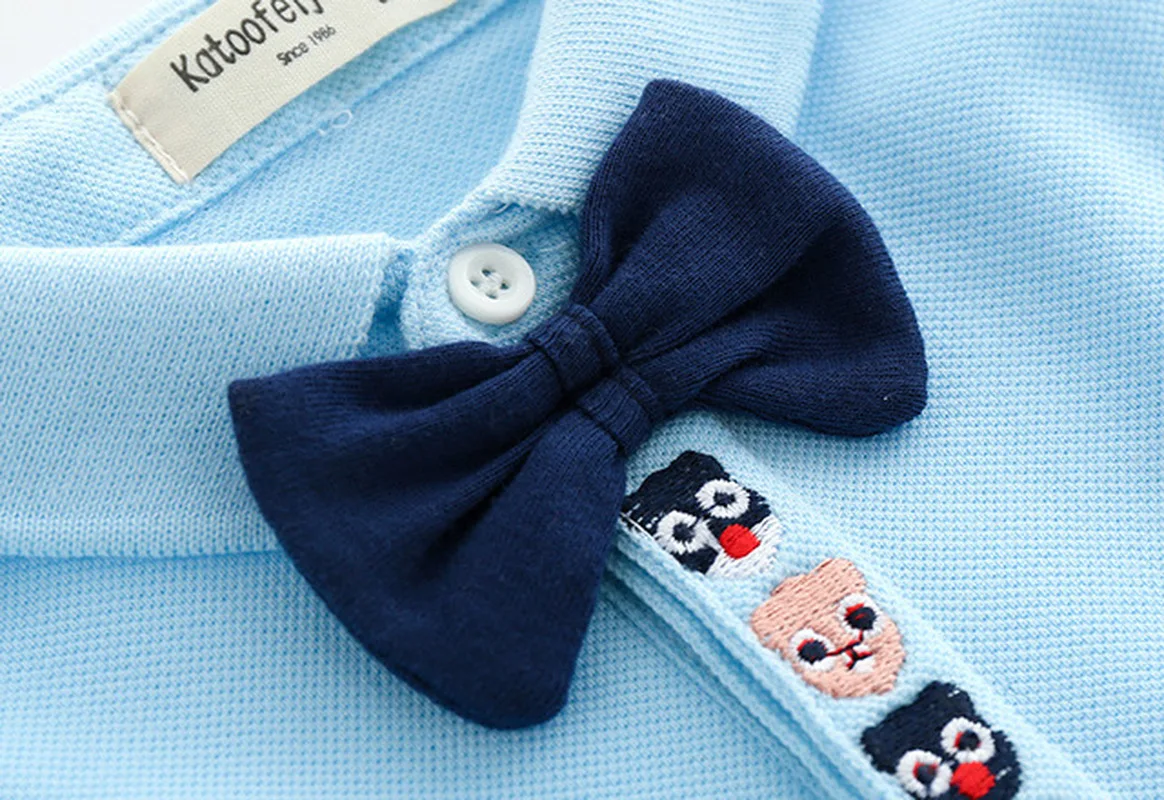 

Summer 2019 Boutique Kids Baby Boys Shirt Clothes Bow Tie Turn-down Collar Embroider Cartoon Boy T Shirt Children Casual Wear