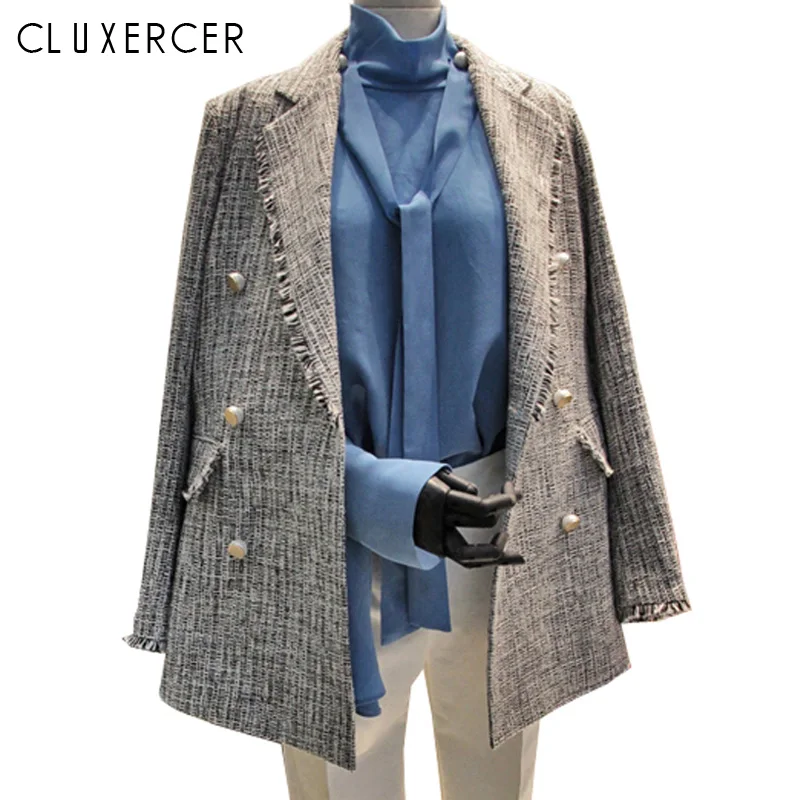 Женский двубортный блейзер в полоску Длинный с бахромой Корейском стиле