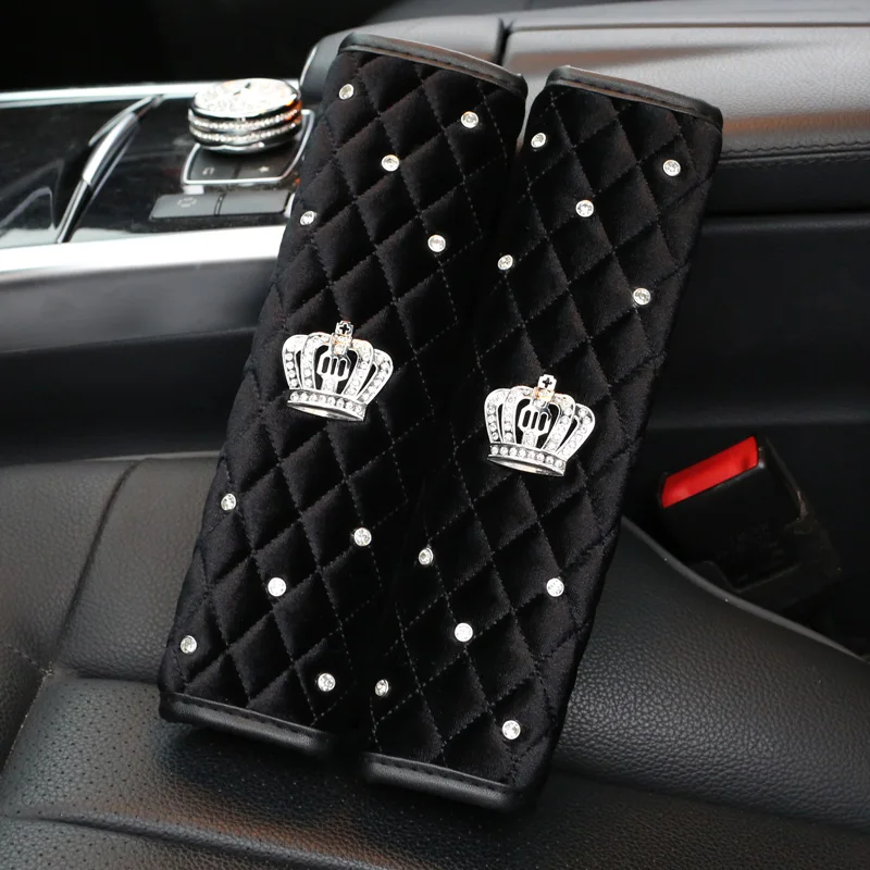 2pcs safe belt cover MUNIUREN Кристалл папа Корона плюшевое сиденье автомобиля аксессуары для интерьера рулевое колесо Чехлы подголовник шеи ручной тормоз шестерни Переключения Крышка - Название цвета: 2pcs safe belt cover