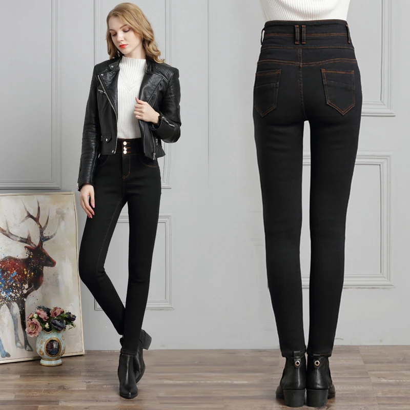 2018 Новинка осени женские джинсы с высокой талией стрейч большие размеры черные