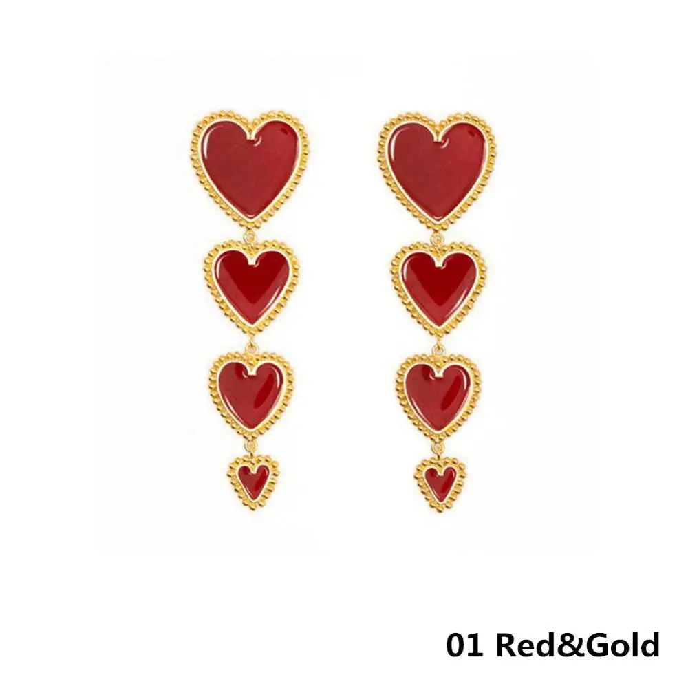 New Design Fashion Four Heart Chain Red White Black Long Dangles For Women Lady's Vintage Statement Earring Gold Earrings | Украшения и