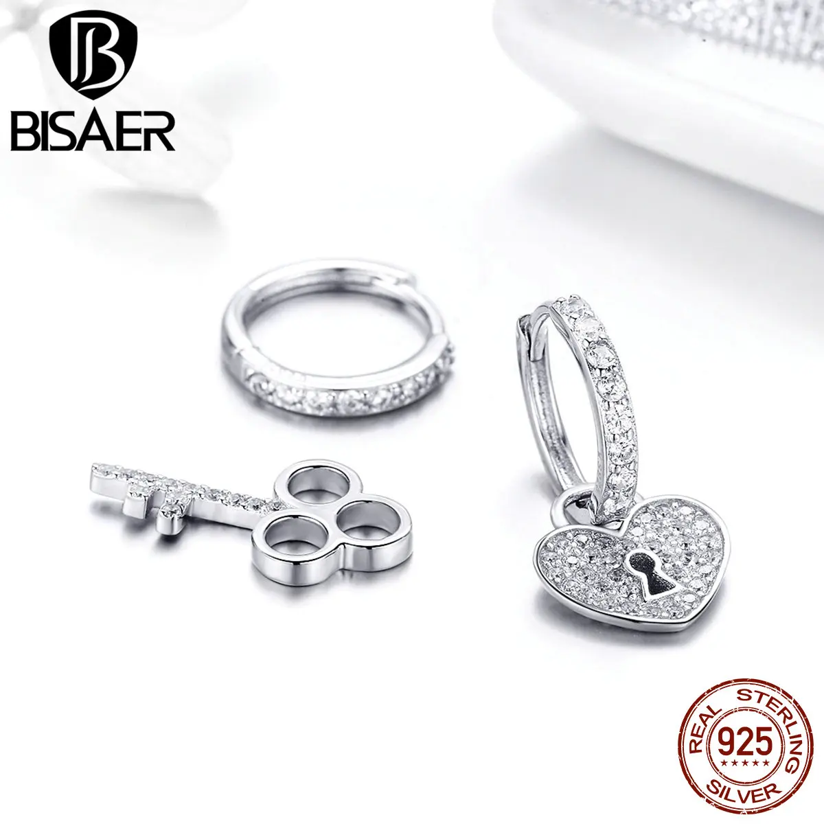 BISAER 925 пробы серебро замочек в виде сердца и ключ любовь серьги для Для женщин с