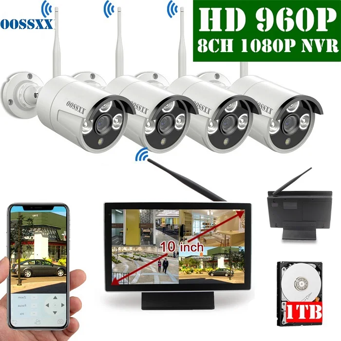 Белый OOSSXX 8CH 1080P Беспроводной NVR комплект 10' монитор беспроводной CCTV 4 шт 960P Крытый Открытый IP камера система видеонаблюдения - Цвет: Белый