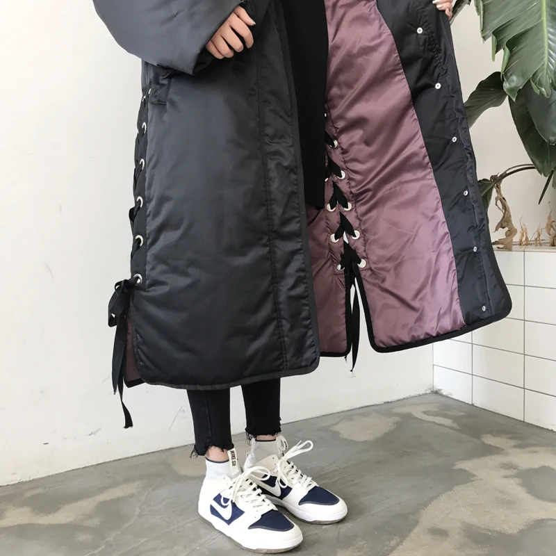 Fashion long side tie with a coat of cotton women thickened loose black joker. | Женская одежда