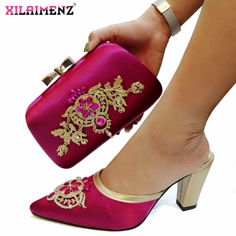 

High Quality Nigerian High Heels Woman Slipper And Purse Set For Party African Women Wedding Magenta Color Shoes and Bag Set
