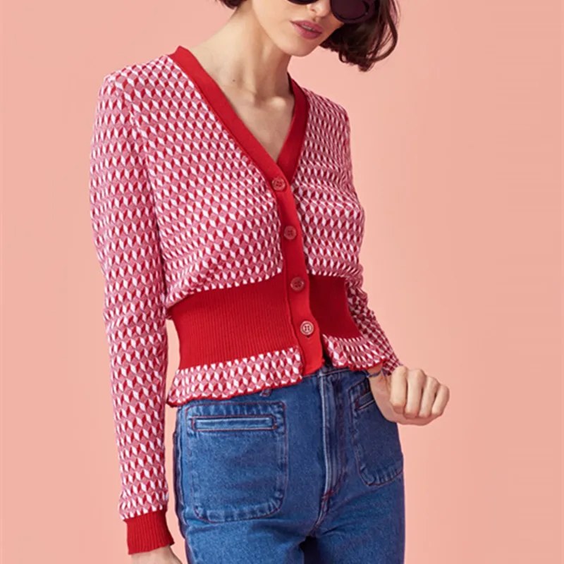 С v образным вырезом с геометрическим узором вязаный кардиган осень 2018 Ретро