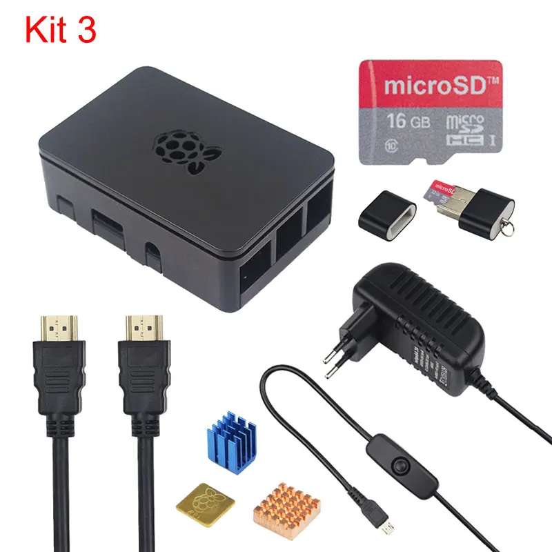 Raspberry Pi 3 Model B+ Plus ABS Чехол комплект+ sd-карта 16 32 ГБ+ адаптер питания 3A+ радиаторы+ кабель HDMI+ 40pin GPIO кабель платы - Цвет: Kit 3