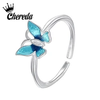 chereda classic butterfly rings for women blue color fashion silver finger creative ring female trendy jewelry