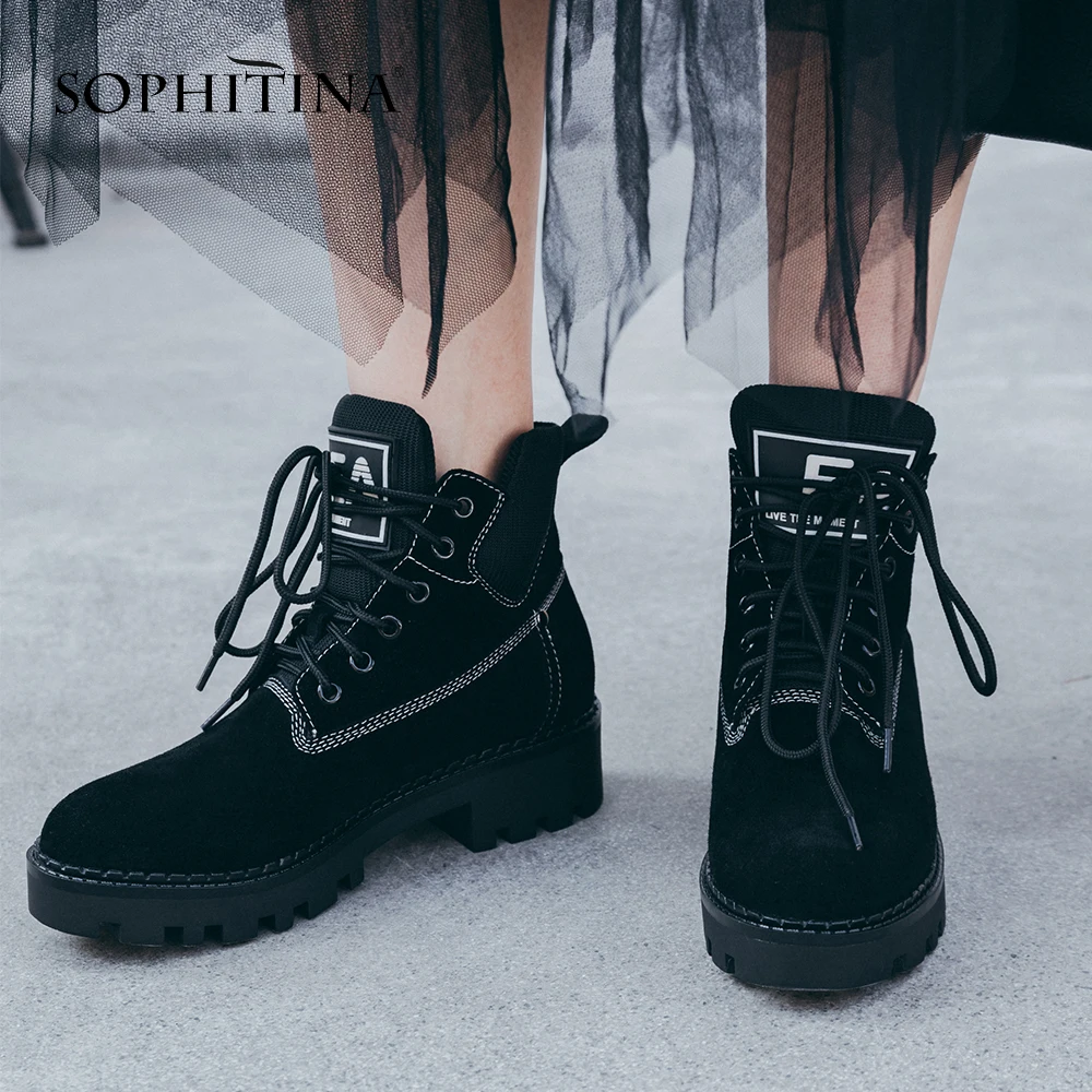 SOPHITINA/удобные ботинки с круглым носком новая модная обувь из коровьей кожи без шнуровки на квадратном каблуке женские ботильоны специального дизайна, MO252