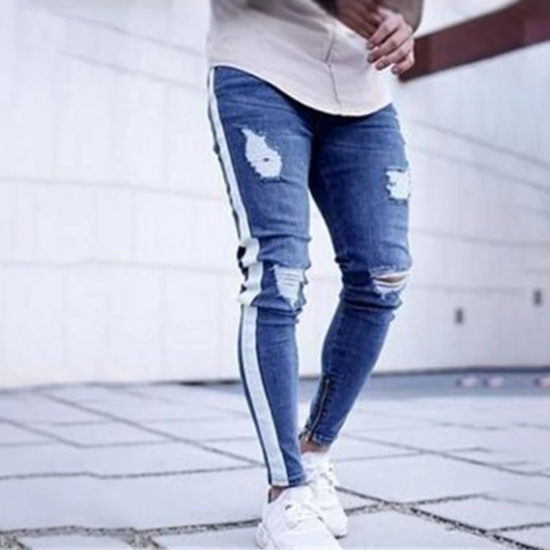 Узкие джинсы для мужчин потертые стрейч голубые рваные скинни облегающие Прямая