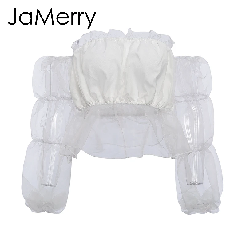 JaMerrySexy, прозрачные сетчатые рукава, гофрированные, женские блузки, топы, вечерние, шикарные, белые топы, с открытыми плечами, с вырезом лодочкой, женская блузка, рубашка