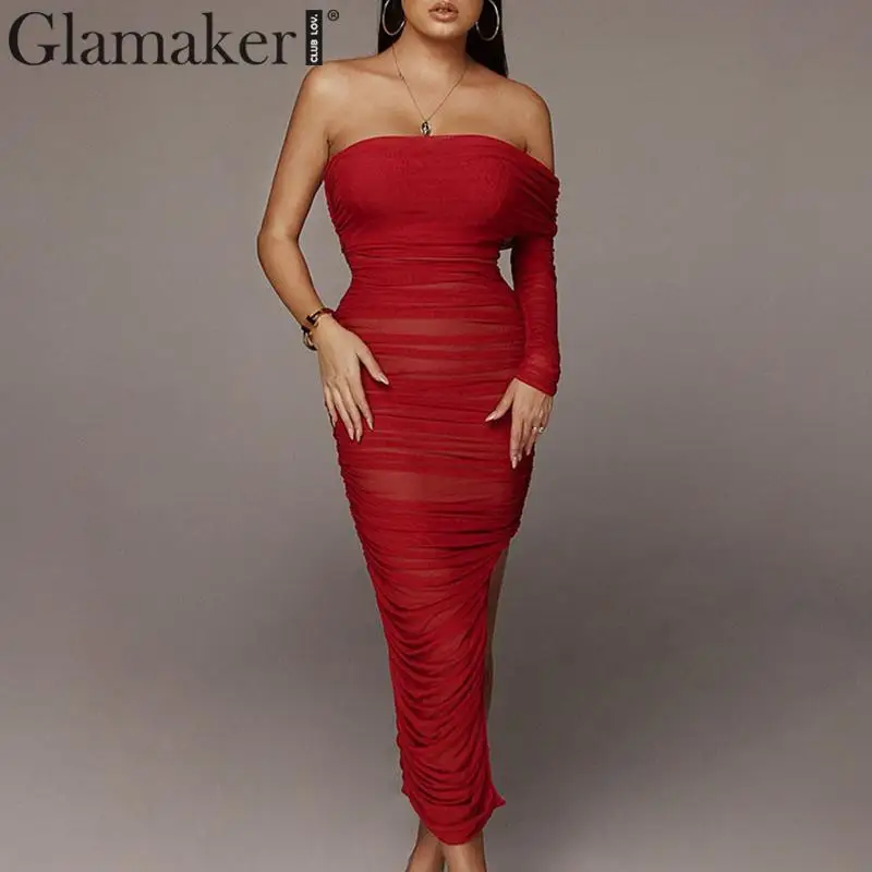 Glamaker плиссированное платье без бретелек нерегулярное сексуальное женское летнее платье с разрезом с одним рукавом облегающее женское элегантное для вечеринки и клуба Макси платье
