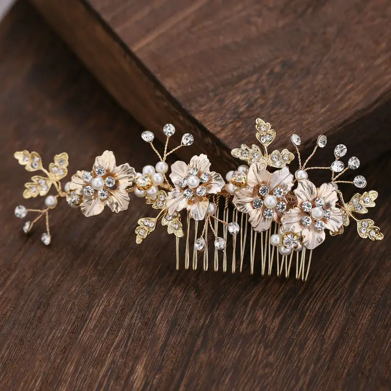 Gorgeous Flower Bridal Hair Comb Gold Metal Leaf Wedding Accessories | Украшения и аксессуары