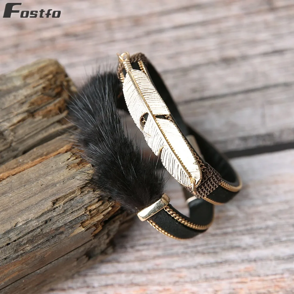 Fostfo 39cm Metal Feather Leather Lady Bracelets Magnetic Buckle Bracelet for Women Bangles Fashion Jewelry | Украшения и