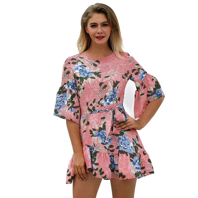 

Jelics women flower print mini dress ruffles contrast hem half sleeve summer dress vestido casual clothes