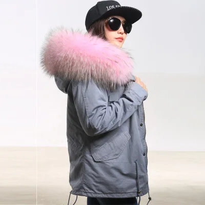 fur end whith black OFTBUY, высокое качество, бренд, новая зимняя куртка, пальто для женщин, натуральный мех енота, большой мех, с капюшоном, парка для женщин, Толстая теплая парка - Цвет: fur end whith black