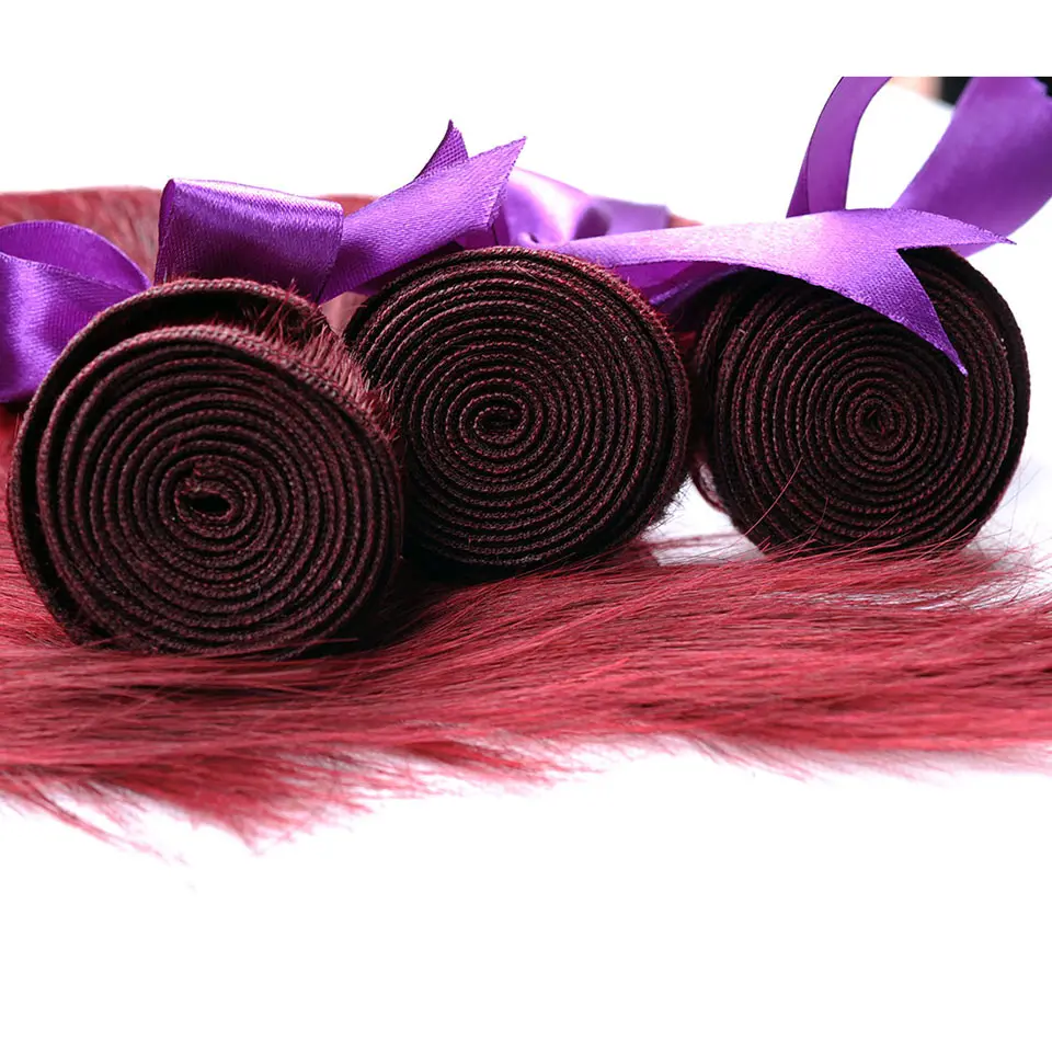 Цветные пучки человеческих волос 99J красного цвета с закрытием бордовые