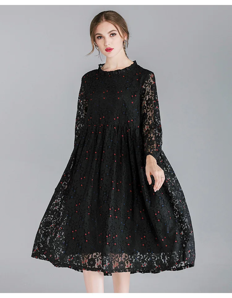 XL, XXL, XXXL, 4XL размера плюс, кружевное платье, женское, на шнуровке, с длинным рукавом, свободное, ТРАПЕЦИЕВИДНОЕ ПЛАТЬЕ, элегантное, в горошек, с принтом, вечерние, миди, розовое, зеленое